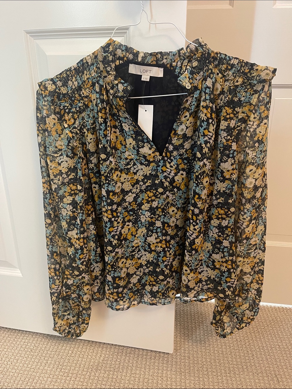 LOFT Black Floral V-Neck Long Sleeve Blouse with Mustard and Light Blue Accents
